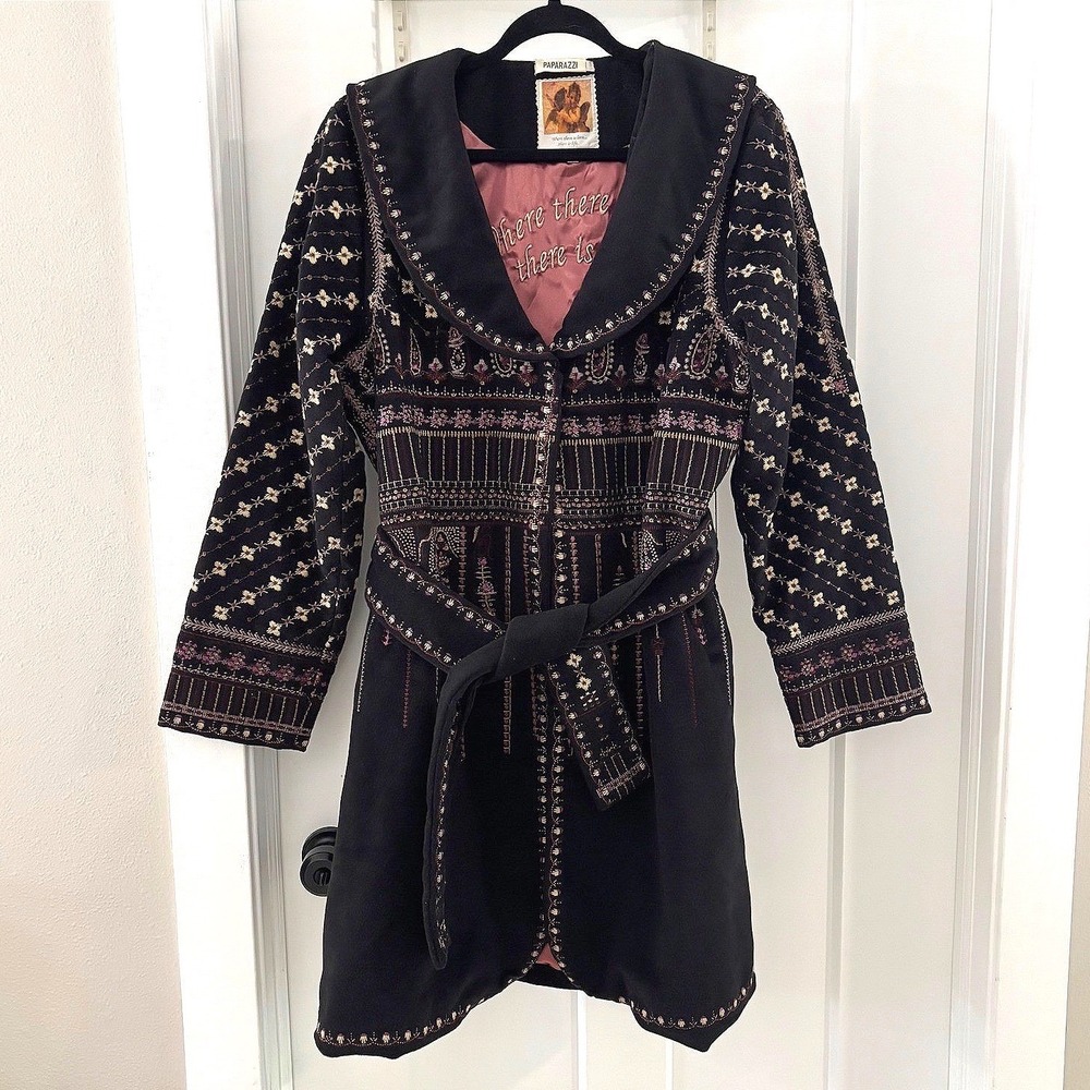 Paparazzi by Bizz Wool Blend Embroidered Belted Trench Coat Jacket XL Bohemian